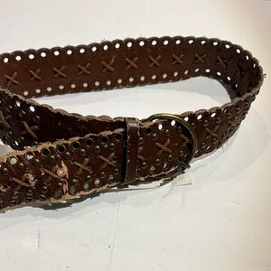 Weathered Brown faux Leather Belt with Brass Accents 29-33”